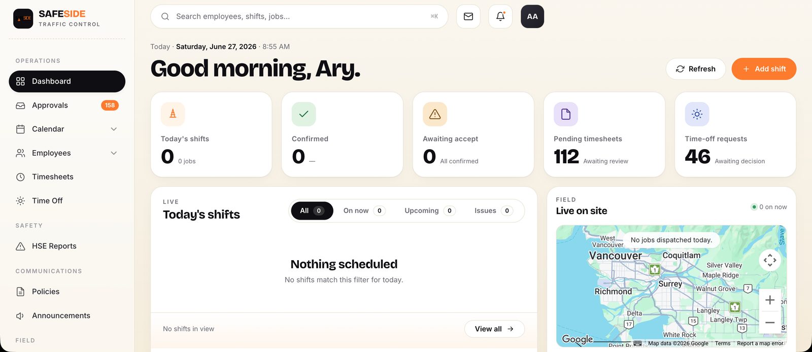 SafeSide HR & Field Operations App interface