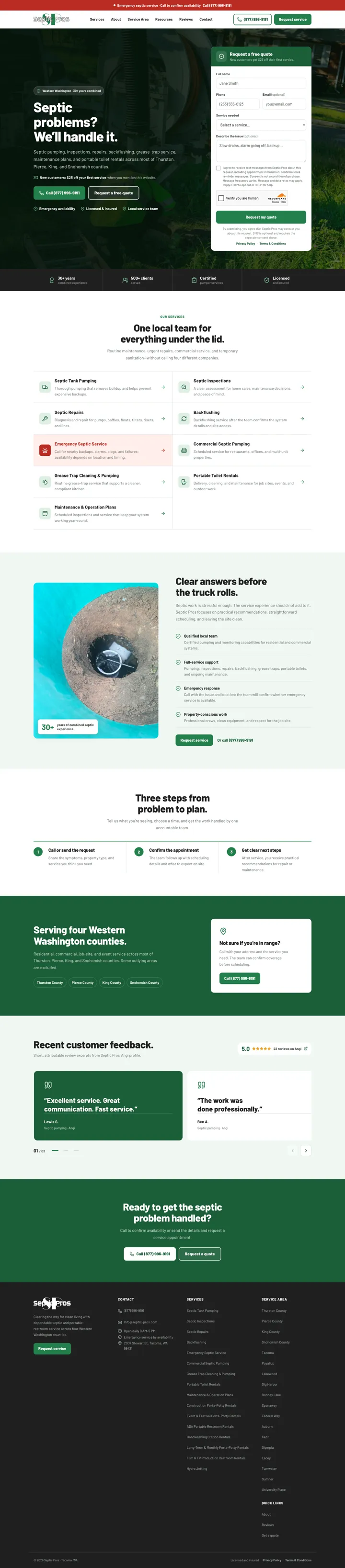 Septic Pros website, designed by Small World Marketing