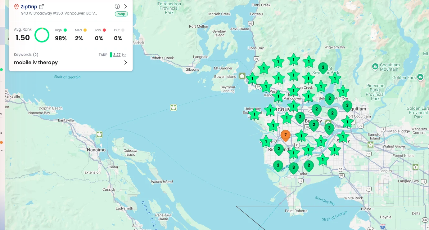 Local Dominator rank grid showing ZipDrip in Google Maps' top three across nearly all of Metro Vancouver for mobile IV therapy